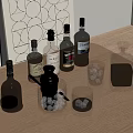 Assorted Liquor Bottles And Glasses On Wooden Table With Cocktail Shaker Decor Background