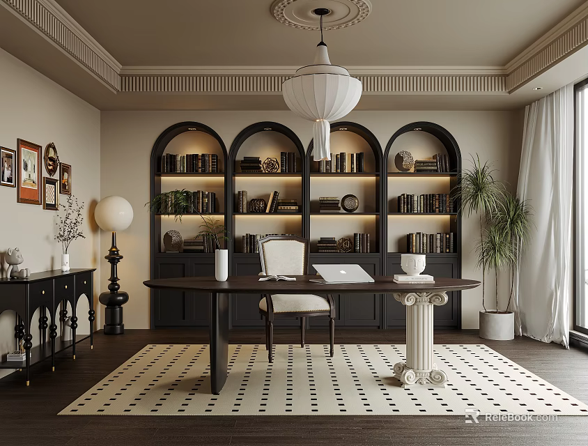 Elegant Study Room with Arched Bookshelves Pendant Lamp Wooden Desk Comfortable Chair and Patterned Rug 3d model 