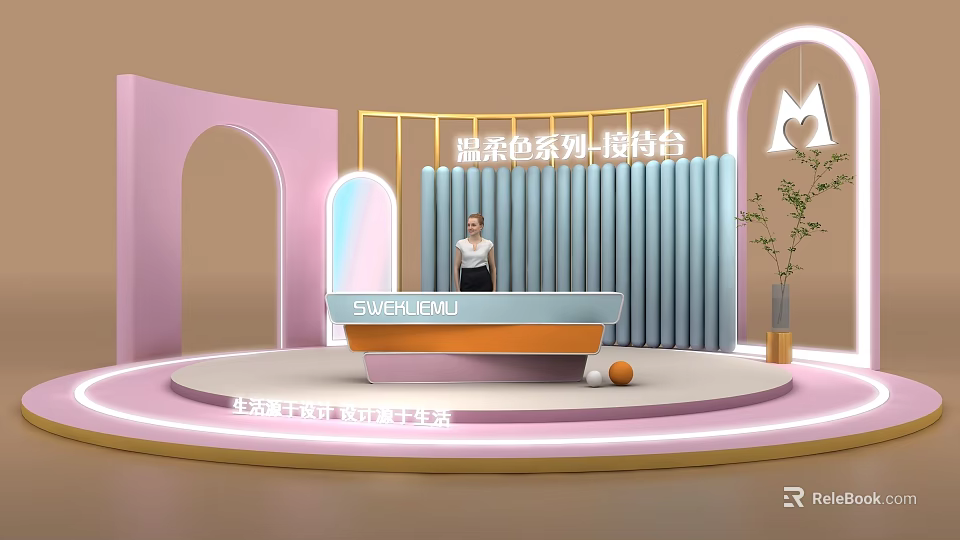 Pastel Color Series Reception Desk With Pink Blue Curved Backdrop And Decor 3d model 