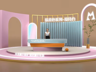 Pastel Color Series Reception Desk With Pink Blue Curved Backdrop And Decor 3d model