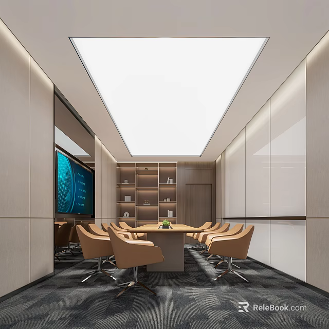 Modern Conference Room Interior Design With Long Table Comfortable Chairs Large Screen And Bookshelves 3d model 