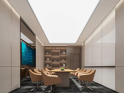 Modern Conference Room Interior Design With Long Table Comfortable Chairs Large Screen And Bookshelves 3d model