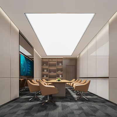 Modern Conference Room Interior Design With Long Table Comfortable Chairs Large Screen And Bookshelves 3d model
