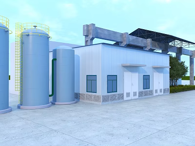 Industrial Factory Building With Large Storage Tanks Yellow Ladders White Walls Windows And Green Trees 3d model