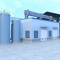 Industrial Factory Building With Large Storage Tanks Yellow Ladders White Walls Windows And Green Trees