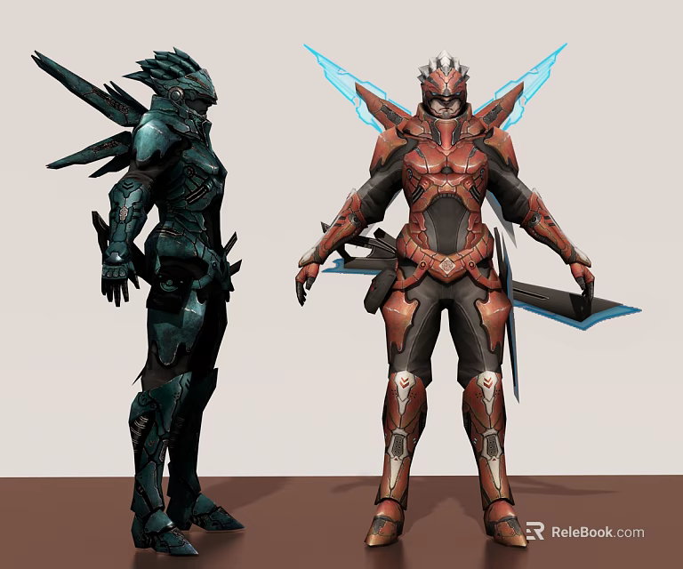 Game Movie Characters In Armored Outfits With Blue Red Colors And Winged Design Features 3d model 