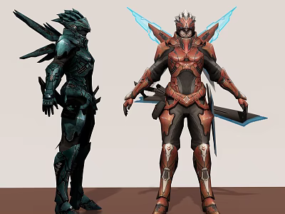 Game Movie Characters In Armored Outfits With Blue Red Colors And Winged Design Features 3d model