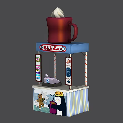 Doll Bear Stall With Red Large Cup Blue Roof Striped Decorations Posters Gingerbread Man And Penguin Design 3d model