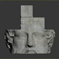 Granite Stone Head Sculpture With Carved Facial Features And Stacked Cube Top