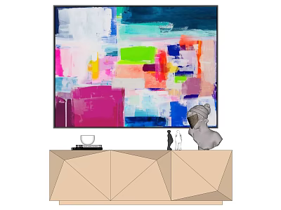 Colorful Abstract Painting Above Geometric TV Stand With Decorative Items 3d model