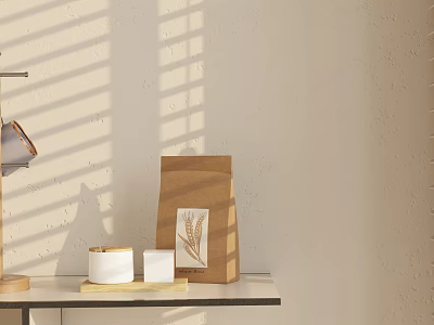 White Cups on Table with Sunlight Through Blinds Brown Paper Bag Wheat Logo Small Container 3d model