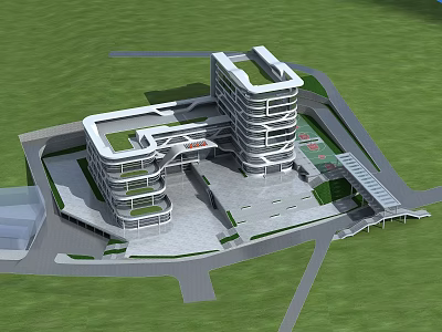Modern Multi Story Building Featuring Green Roof Plaza Area And Parking Space 3d model