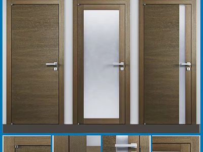 Modern Wooden Hinged Doors With Frosted Glass Panel And Silver Handles For Home 3d model
