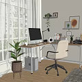 Modern Desk Setup With Computer Lamp Green Plant And Ergonomic Chair