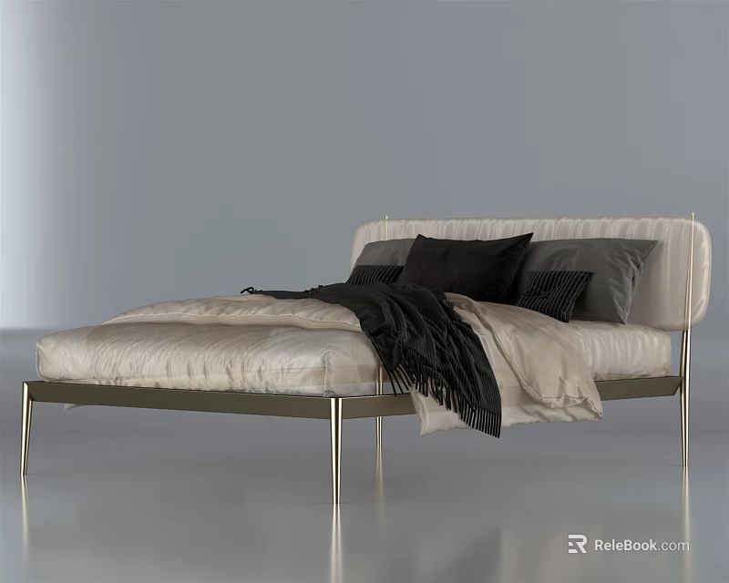 Modern Double Bed with Metal Frame Light Headboard Light Sheets Black Pillows and Blanket 3d model 