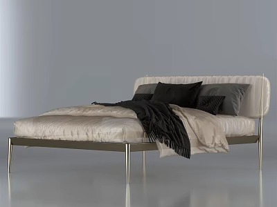 Modern Double Bed with Metal Frame Light Headboard Light Sheets Black Pillows and Blanket 3d model