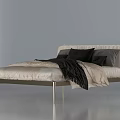 Modern Double Bed with Metal Frame Light Headboard Light Sheets Black Pillows and Blanket