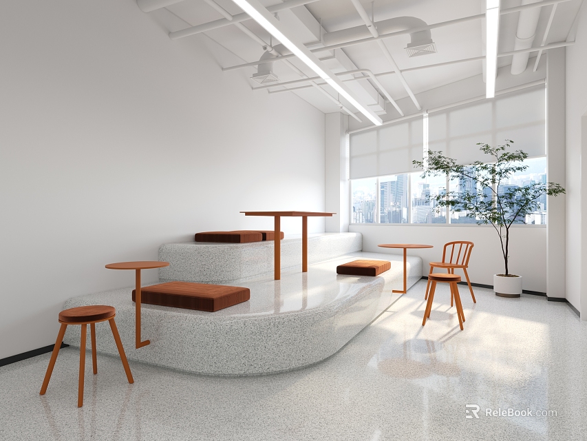 Modern Lounge Area With Curved Steps Wooden Furniture And City View Through Large Windows 3d model 