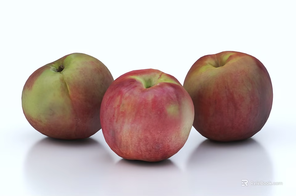 Three Fresh Red and Green Ripe Juicy Peaches on White Surface 3d model 