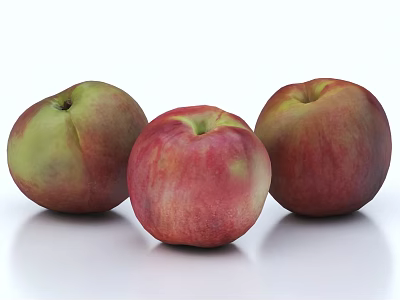 Three Fresh Red and Green Ripe Juicy Peaches on White Surface 3d model