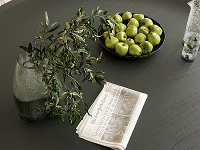 Decorative Ornament Arrangement With Green Vase Olive Branches Black Plate Green Apples And Newspaper 3d model