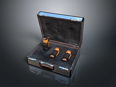 Open Black Leather Case With Three Weapons Yellow And Black Cylindrical Design 3d model