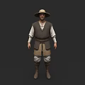 Man In Straw Hat Brown Vest White Long Sleeve Shirt Belt Beige Pants And Boots