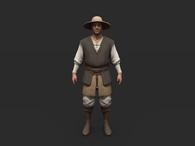 Man In Straw Hat Brown Vest White Long Sleeve Shirt Belt Beige Pants And Boots 3d model