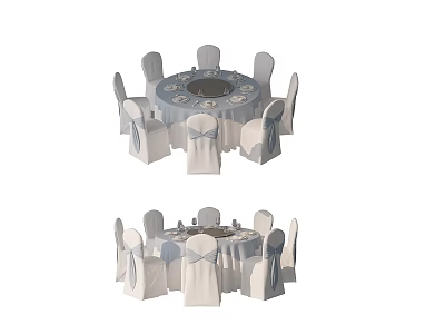 Banquet Round Dining Table Set With White Chairs And Decorative Sashes 3d model