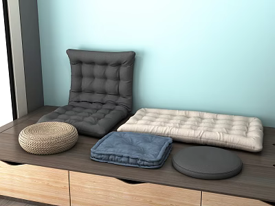Home Living Cushions Mats Gray Backrest Beige Seat Blue Foldable Woven Round On Wood Table 3d model