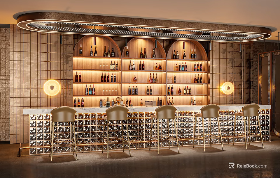 Modern Bar Interior With Wooden Wine Racks Golden Bar Stools And Illuminated Bottles 3d model 