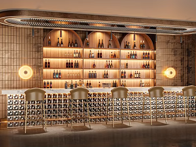 Modern Bar Interior With Wooden Wine Racks Golden Bar Stools And Illuminated Bottles 3d model