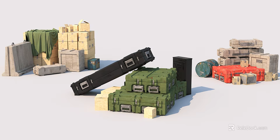 Green Black And Red Cargo Boxes Stacked With Wooden Crates And Barrels 3d model 