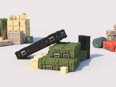 Green Black And Red Cargo Boxes Stacked With Wooden Crates And Barrels 3d model