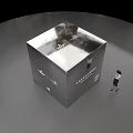 Silver Cube Art Installation With Text QR Code Woman Observing On Sleek Black Background 3d model