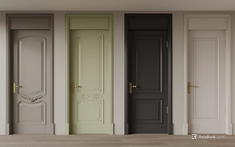Hinged Doors In Multiple Colors Classic Modern Styles With Golden Handles And Various Panel Designs 3d model 