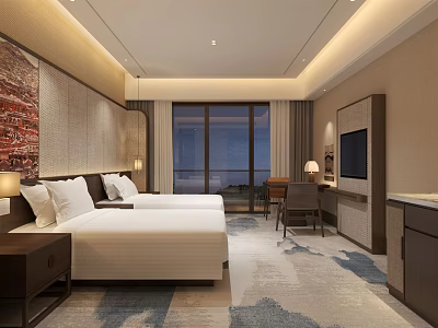 Modern Hotel Guest Room Featuring Twin Beds Floor-to-ceiling Windows Desk Chair TV And Patterned Carpet 3d model