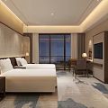 Modern Hotel Guest Room Featuring Twin Beds Floor-to-ceiling Windows Desk Chair TV And Patterned Carpet