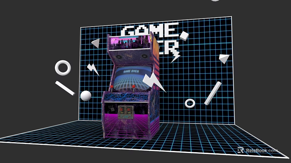 Retro Arcade Machine With Neon Lights And Grid Background In Game Room 3d model 