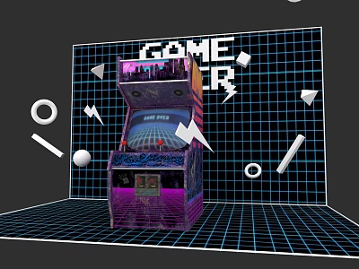 Retro Arcade Machine With Neon Lights And Grid Background In Game Room 3d model