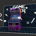 Retro Arcade Machine With Neon Lights And Grid Background In Game Room