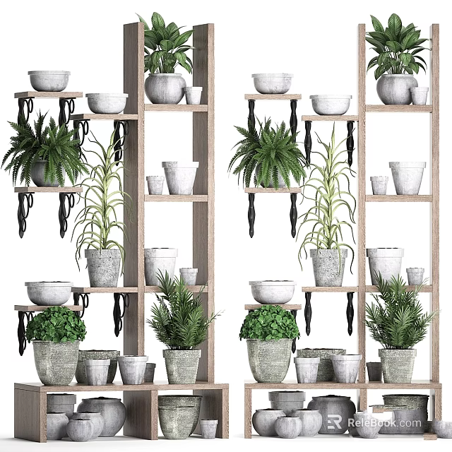 Tiered Wooden Shelving Unit With Potted Plants And Various Decorative Flower Pots 3d model 