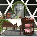 Decorative Display Cabinet Shelf With Green Vines Oranges Floral Decor And Tablecloth