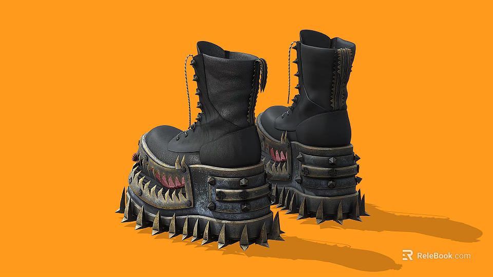 Black Spiked Platform Boots With Sharp Teeth Design On Orange Background 3d model 