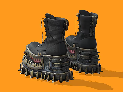 Black Spiked Platform Boots With Sharp Teeth Design On Orange Background 3d model