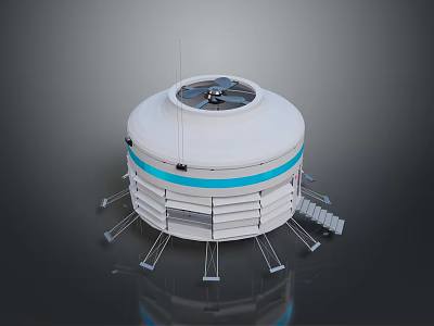 Round Industrial Equipment With White Body Top Rotating Fan Blue Stripe And Support Legs 3d model