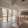 Spacious Modern Aerial Yoga Studio With Pink Swings Yoga Mats And Large Windows