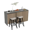 Bar Counter Featuring Gray Countertop Wooden Cabinets Two Bar Stools Fresh Fruits Vase And Sink