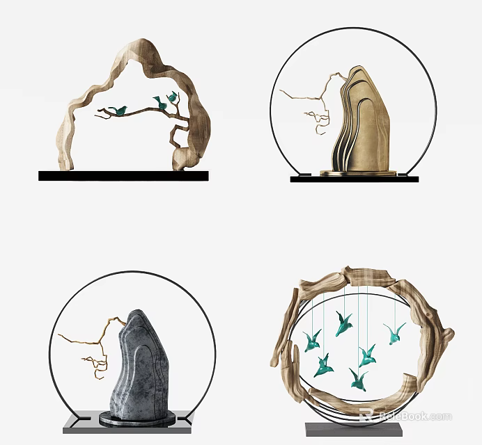 Natural Style Decorative Ornament Set With Stone Branch Birds And Circular Frames 3d model 
