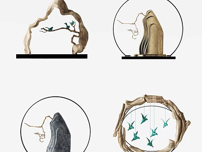 Natural Style Decorative Ornament Set With Stone Branch Birds And Circular Frames 3d model